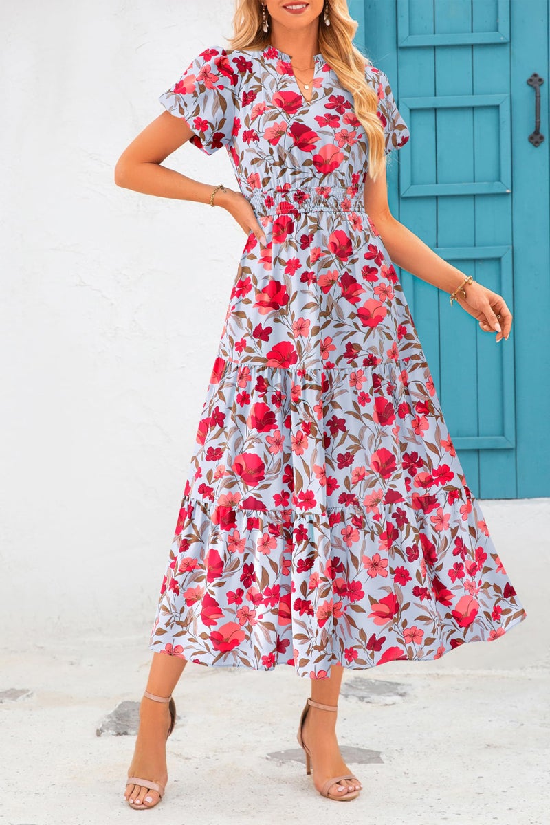 MASCOMODA Summer Boho Maxi Dress for Women 2026 Casual Puff Short Sleeve Smocked V Neck Flowy Beach Long Floral Dresses(Blue Red Flower,Medium) - Image 3