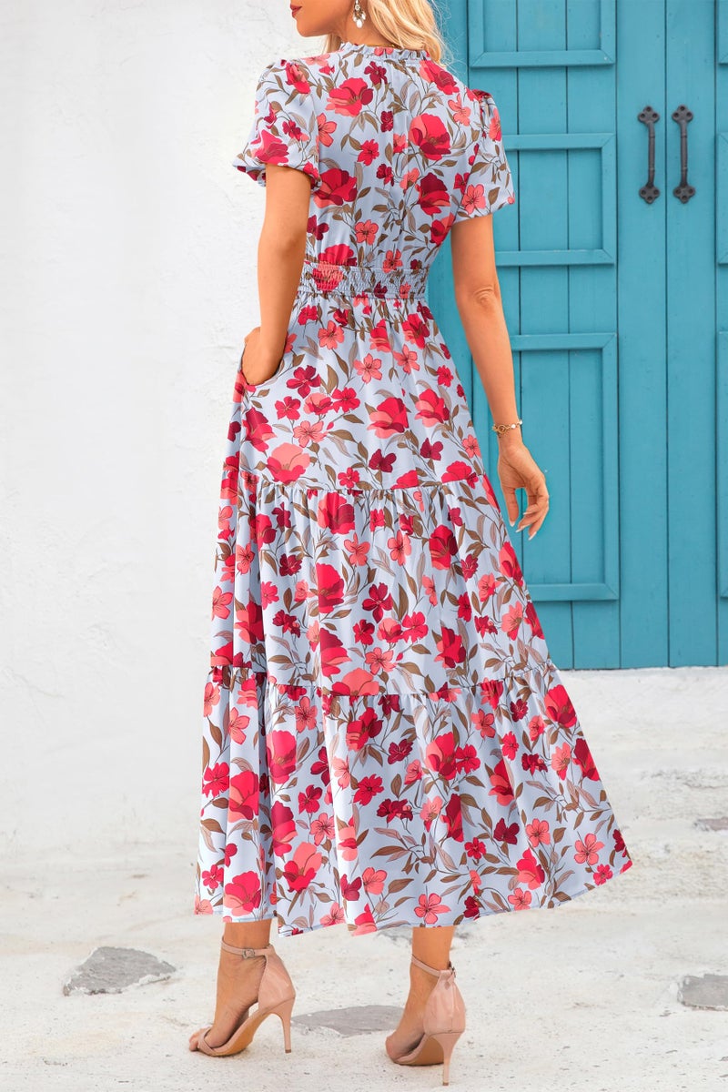 MASCOMODA Summer Boho Maxi Dress for Women 2026 Casual Puff Short Sleeve Smocked V Neck Flowy Beach Long Floral Dresses(Blue Red Flower,Medium) - Image 4