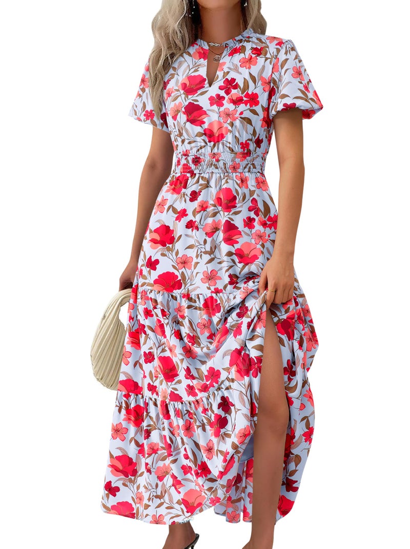 MASCOMODA Summer Boho Maxi Dress for Women 2026 Casual Puff Short Sleeve Smocked V Neck Flowy Beach Long Floral Dresses(Blue Red Flower,Medium) - Image 1