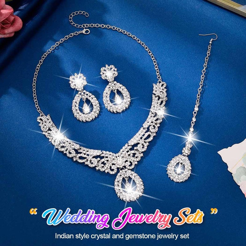 Unicra Rhinestone Silver Indian Jewelry Sets Wedding Bollywood Necklace Earrings Set Formal Prom Costume Jewelry Set for Women and Brides (Silver) - Image 2