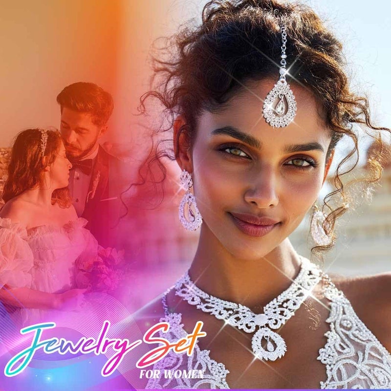 Unicra Rhinestone Silver Indian Jewelry Sets Wedding Bollywood Necklace Earrings Set Formal Prom Costume Jewelry Set for Women and Brides (Silver) - Image 4
