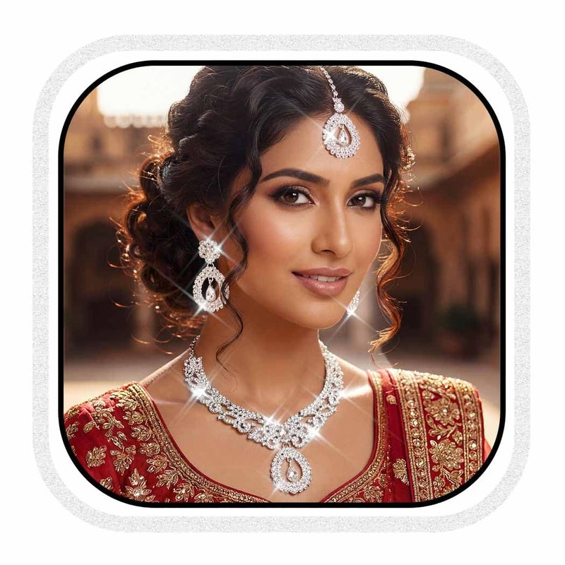 Unicra Rhinestone Silver Indian Jewelry Sets Wedding Bollywood Necklace Earrings Set Formal Prom Costume Jewelry Set for Women and Brides (Silver) - Image 1
