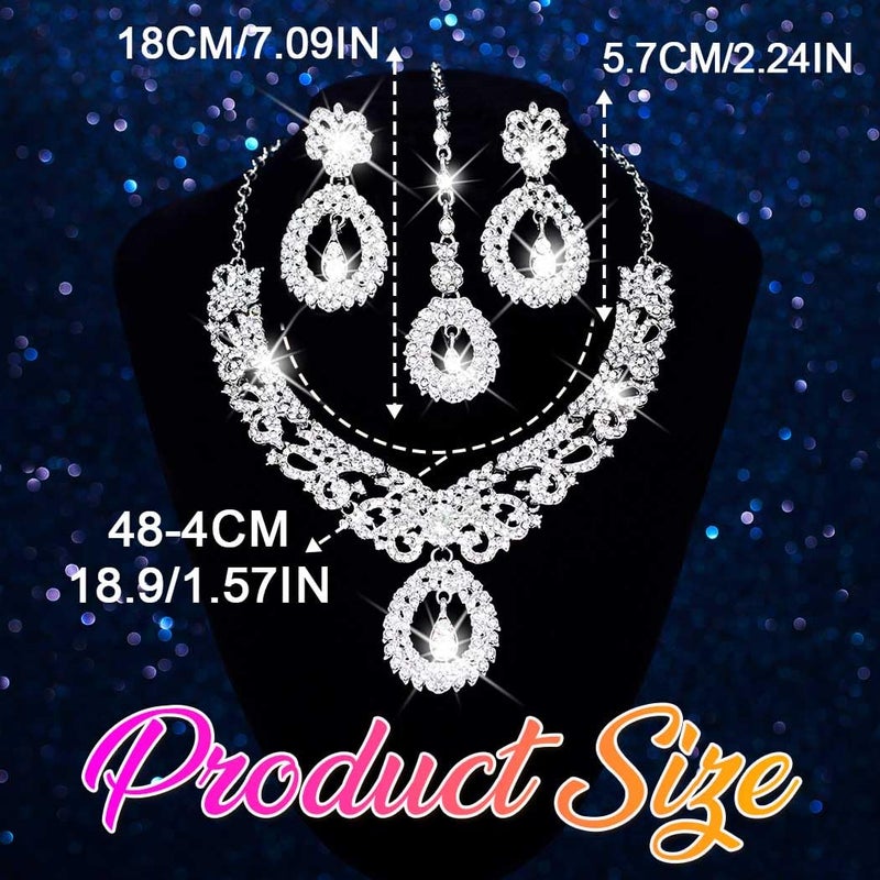 Unicra Rhinestone Silver Indian Jewelry Sets Wedding Bollywood Necklace Earrings Set Formal Prom Costume Jewelry Set for Women and Brides (Silver) - Image 5