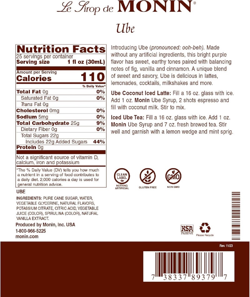 Monin Ube Blend Syrup - Premium Gourmet Syrup with Fig, Vanilla & Cinnamon Notes - 750 mL - Image 2