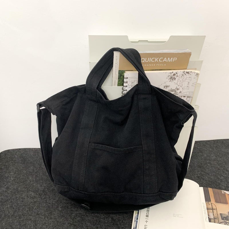 AFGWK Canvas Tote Bag for Women with Pockets Cute Small Crossbody Bag Purses Handbag for Work Beach Black Tote Bag - Image 3