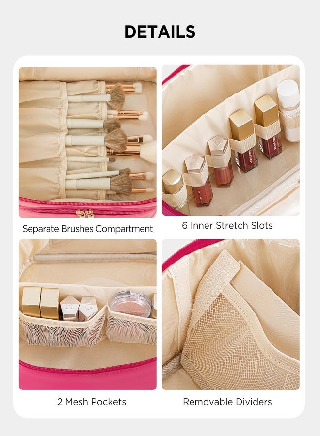هبلايف حقيبة مكياج سفر مزدوجة الطبقات من HBlife، حقيبة مستحضرات تجميل جلدية لطيفة محمولة، حقيبة مكياج كبيرة، منظم حقيبة أدوات تجميل للنساء والفتيات مع مقبض وفاصل قابل للإزالة (لون وردي فاقع) - Image 3