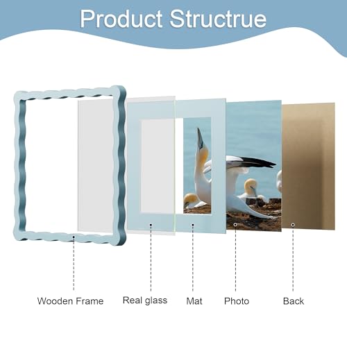 THKRLOF 10x10 Picture Frame with Mat for 8x8, Wavy Edge Wooden Real Glass Photo Frame for Tabletop and Wall Hanging, Blue, 1 Pack - Image 5
