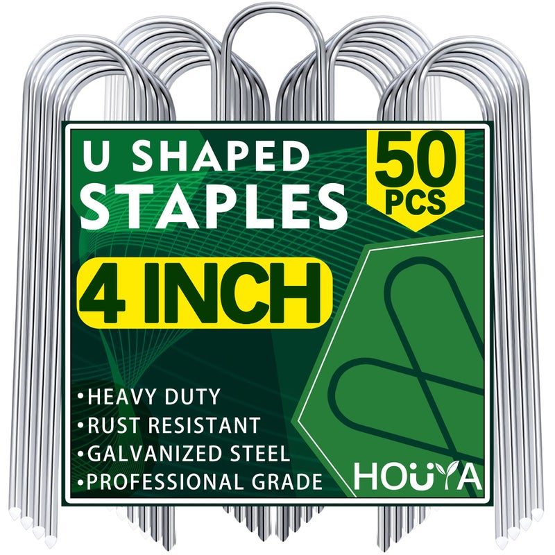 HOUYA 50 Pack Garden Stakes 4 Inch U-Shaped Drip Irrigation Stakes Galvanized Landscape Staples Garden Pins Yard Lawn Ground Stakes for Soaker Hose Drip Line Tubing Landscape Fabric Weed Barrier - Image 1