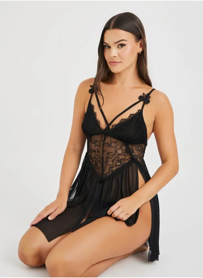 تايك تو Take Two Lace Mesh Double Slit Asymmetric Hem Babydoll