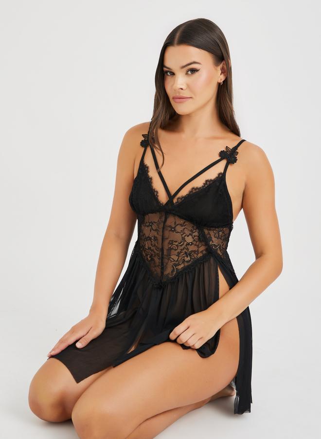 Take Two Lace Mesh Double Slit Asymmetric Hem Babydoll - Image 1