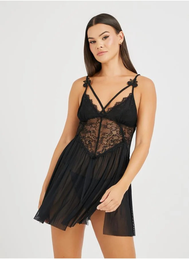 تايك تو Take Two Lace Mesh Double Slit Asymmetric Hem Babydoll