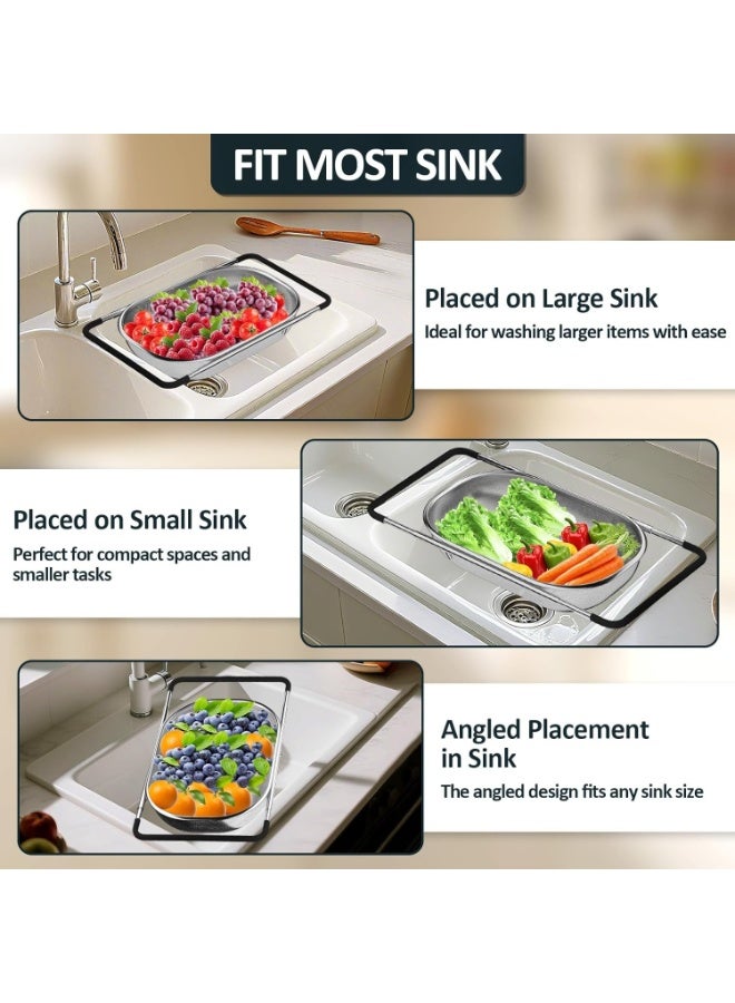 Professional over-the-sink vegetable and fruit washing colander – adjustable design – made of hygienic stainless steel to ensure rapid water drainage and prevent bacterial buildup – multi-tasking kitchen tool with comfortable, scratch-resistant handles - Image 4