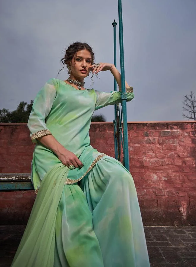 SASSAFRAS SASSAFRAS Lime Green Tie-Dye Kurta, Sharara and Dupatta Set