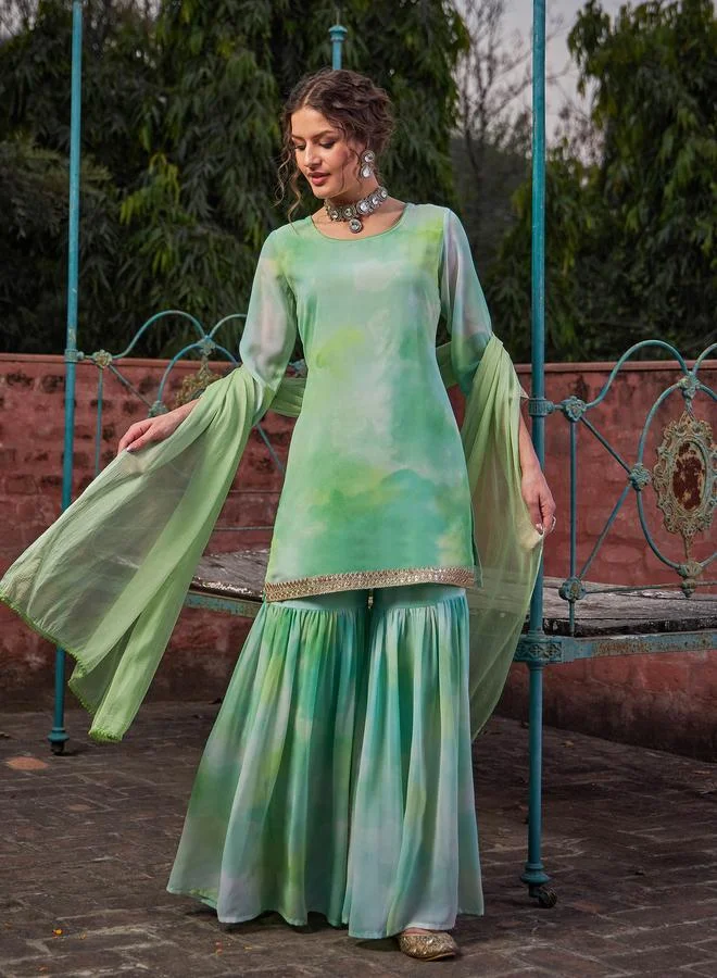 SASSAFRAS SASSAFRAS Lime Green Tie-Dye Kurta, Sharara and Dupatta Set
