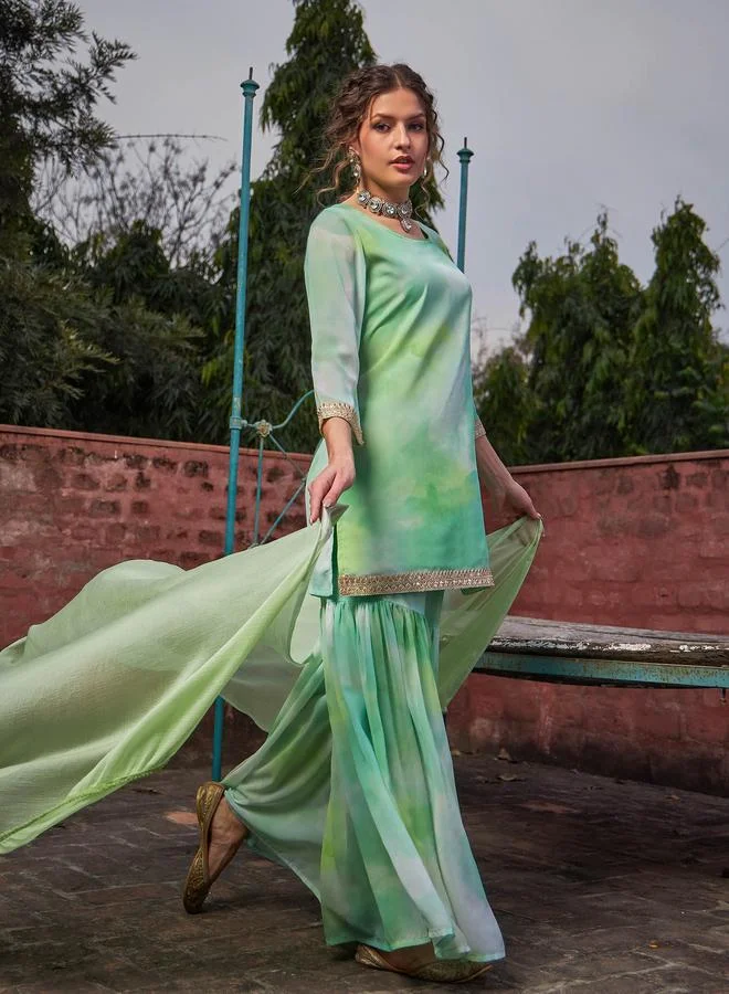 SASSAFRAS SASSAFRAS Lime Green Tie-Dye Kurta, Sharara and Dupatta Set