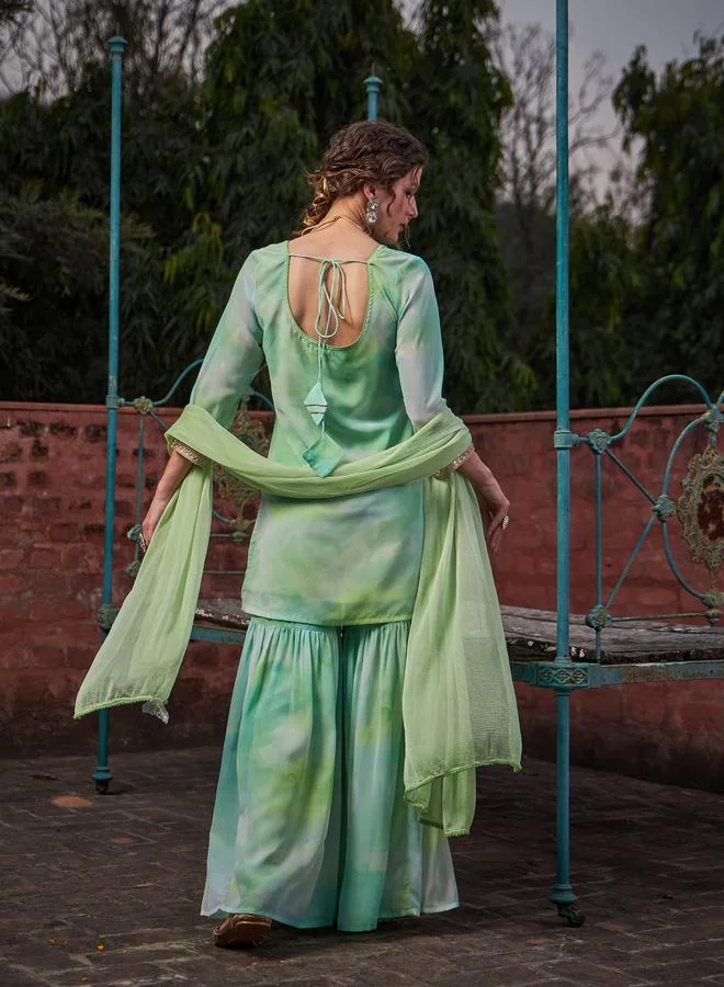 SASSAFRAS SASSAFRAS Lime Green Tie-Dye Kurta, Sharara and Dupatta Set