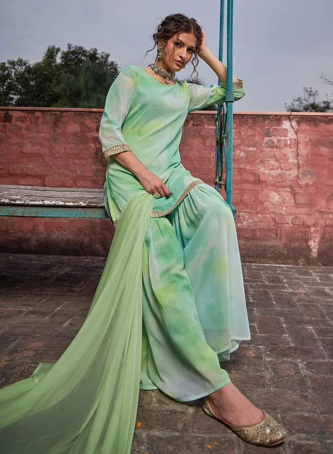 SASSAFRAS SASSAFRAS Lime Green Tie-Dye Kurta, Sharara and Dupatta Set