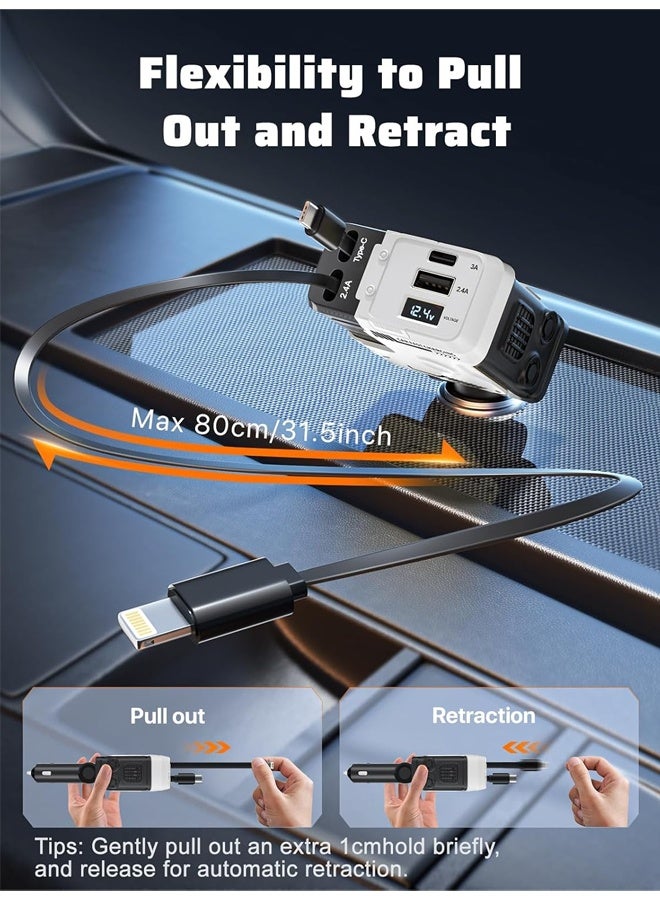 Bincoo Car Charger 120W 12/24V Fast Car Adapter USB Type C Car Plug with Retractable Charging Cable, 2 USB Ports Car Charger Adapter, Compatible with iPhone 16 15 14 Pro Max Galaxy S25 24 23 Ultra Huawei Xiaomi Honor Oppo Vivo Apple Watch S10 Earbuds - Image 4