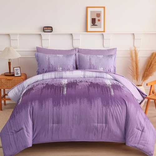 WONGS BEDDING Comforter Set King Ombre Purple 7 Pieces Bed in a Bag Colorful Abstract Art Gradient Comforter Soft Microfiber Bedding Set with Flat Sheet Fitted Sheet Pillow Shams Pillowcases