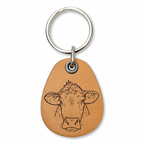 ForLeatherMore Genuine Leather Cow Keychain Farm themed key fob bag charm Drawing Engraved Art Lightweight and durable key holder - Image 1