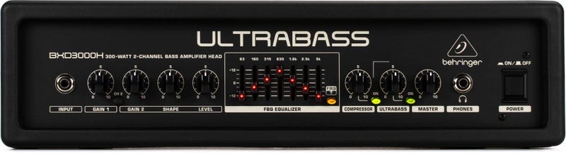Behringer ULTRABASS BXD3000H UltraLightweight 300 Watt 2 Channel Bass Amplifier Head with FBQ Spectrum Analyzer Ultrabass Processor and Compressor