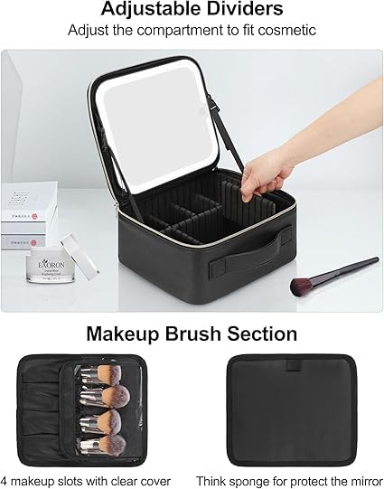 Aspeona Travel Bag Cosmetic Case with LED Lights and Mirror Makeup Tool Organizer Bag Makeup Brush Bag with 3 Color Lights Adjustable Dividers Brush Holder for Women and Makeup Artists Black - Image 4