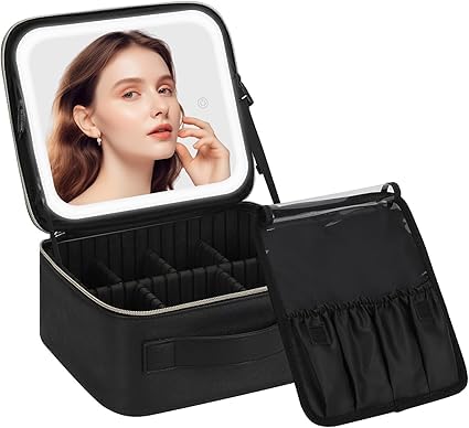 Aspeona Travel Bag Cosmetic Case with LED Lights and Mirror Makeup Tool Organizer Bag Makeup Brush Bag with 3 Color Lights Adjustable Dividers Brush Holder for Women and Makeup Artists Black - Image 1