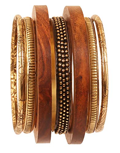 Touchstone wooden women bamboo wood jewelry african bangle bracelets gold bangles brown boho accessories chunky vacation brass statement natural rustic Indian bollywood handcrafted. Set of 7 - Image 1