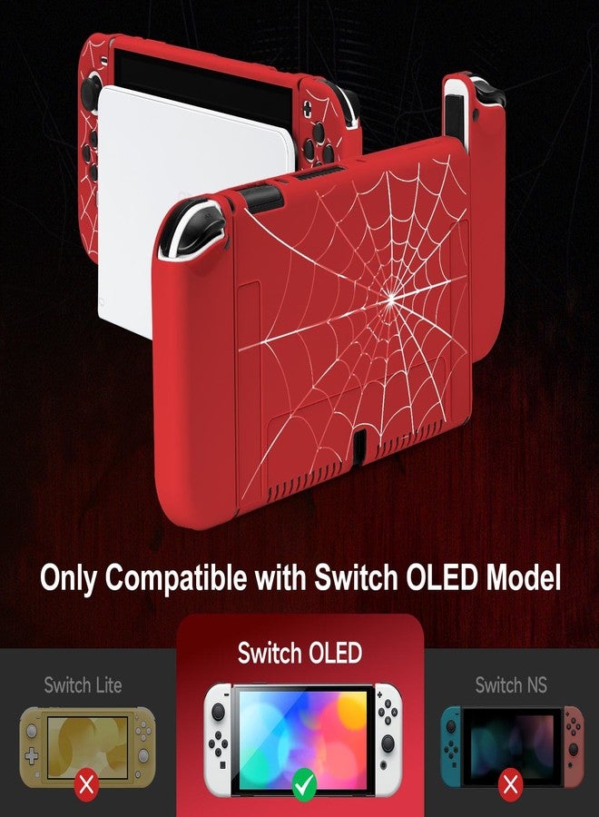 JINGDU Case Compatible with Nintendo Switch OLED 2021, TPU Case Accessory for Switch Console and Grip Joy-Con, Switch Protector with 4 Thumb Grips, Red Spider Web - Image 2