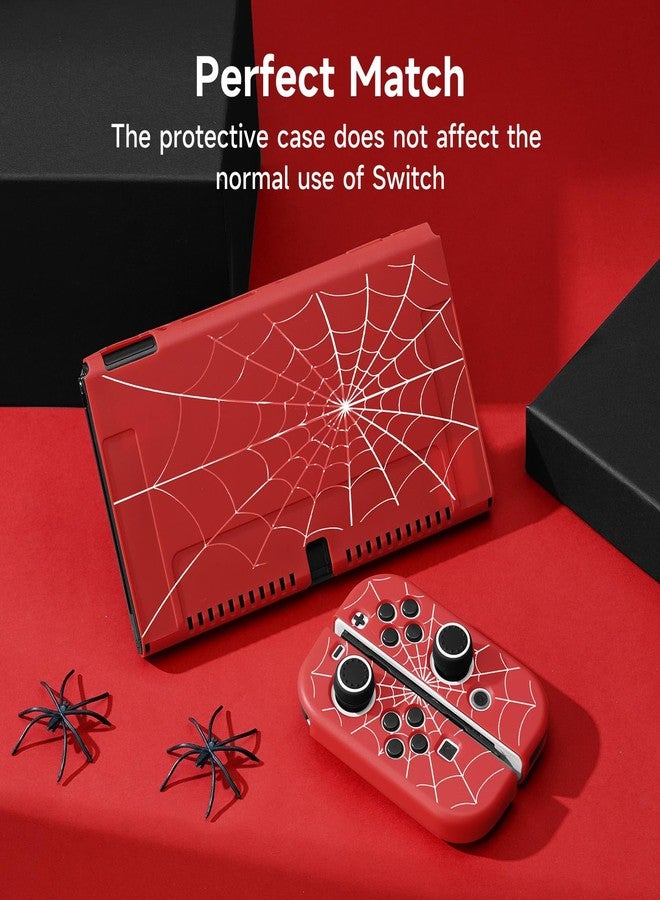 JINGDU Case Compatible with Nintendo Switch OLED 2021, TPU Case Accessory for Switch Console and Grip Joy-Con, Switch Protector with 4 Thumb Grips, Red Spider Web - Image 5