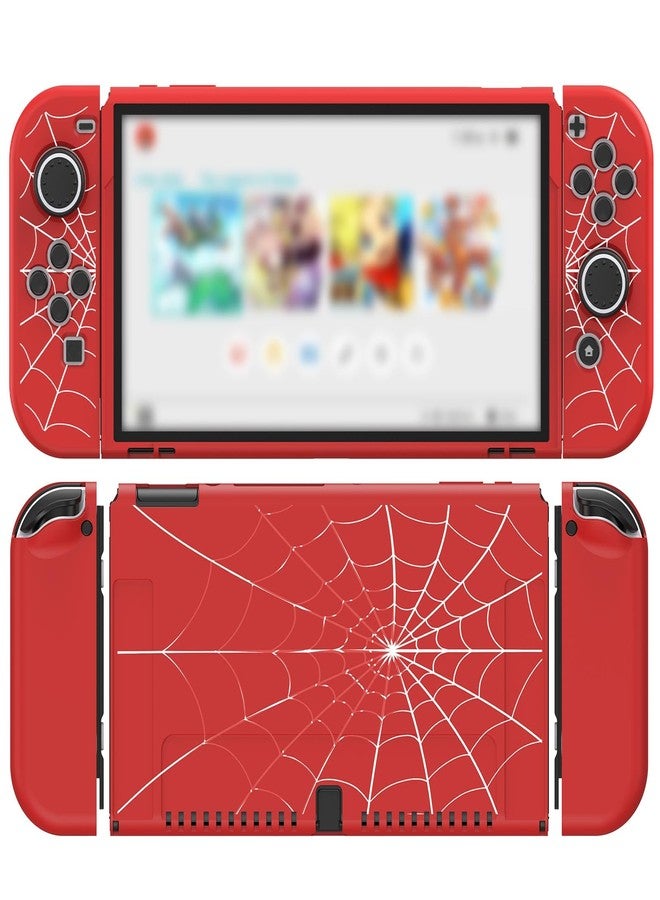 JINGDU Case Compatible with Nintendo Switch OLED 2021, TPU Case Accessory for Switch Console and Grip Joy-Con, Switch Protector with 4 Thumb Grips, Red Spider Web - Image 1