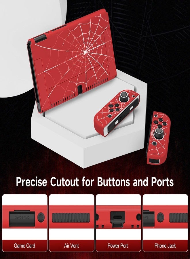JINGDU Case Compatible with Nintendo Switch OLED 2021, TPU Case Accessory for Switch Console and Grip Joy-Con, Switch Protector with 4 Thumb Grips, Red Spider Web - Image 3