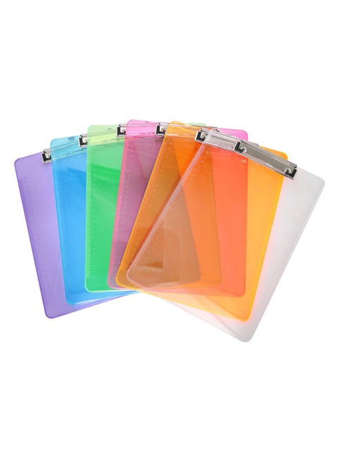 Plastic Clipboard Set of 6, A4 Size, 9 x 12.5 Inches, Assorted Colors, Transparent Acrylic File Folder with Hangable Low Profile Clip and Side Ruler, Durable and Cute, Ideal for Office Supplies