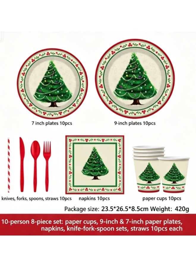 Christmas Disposable Party Tableware Set for 10 People - Santa & Tree Theme Plates, Cups, Napkins, Utensils - Image 1