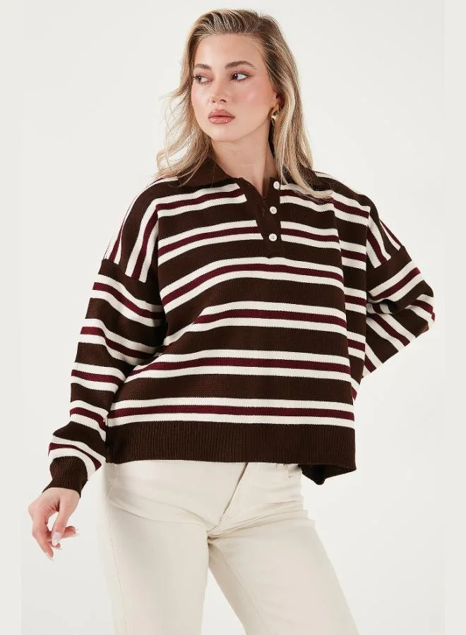 ليلا كنزة بولو نسائية مخططة بقصة واسعة