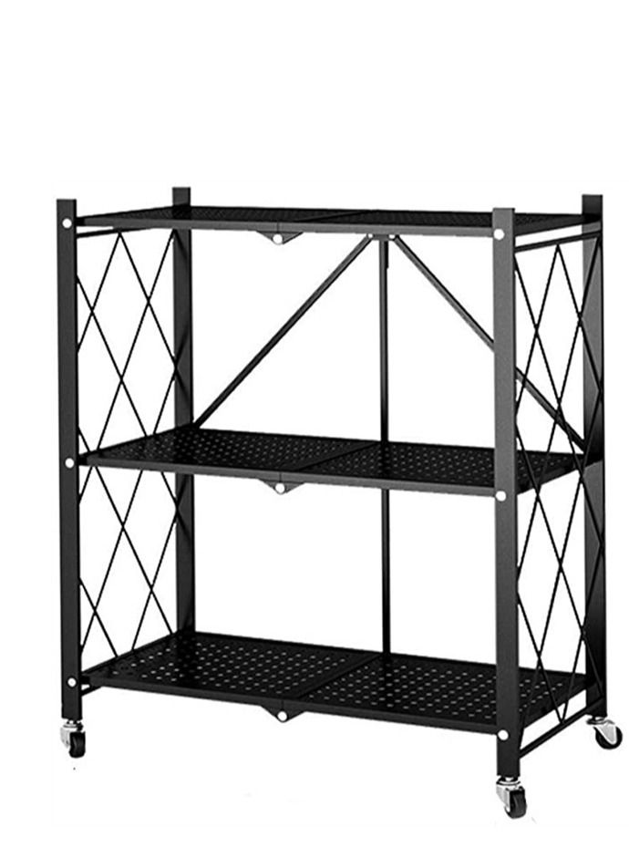 BLOOMING TIME 3 Tier Foldable Metal Kitchen Storage Rack Shelf with Wheel Black - Image 1
