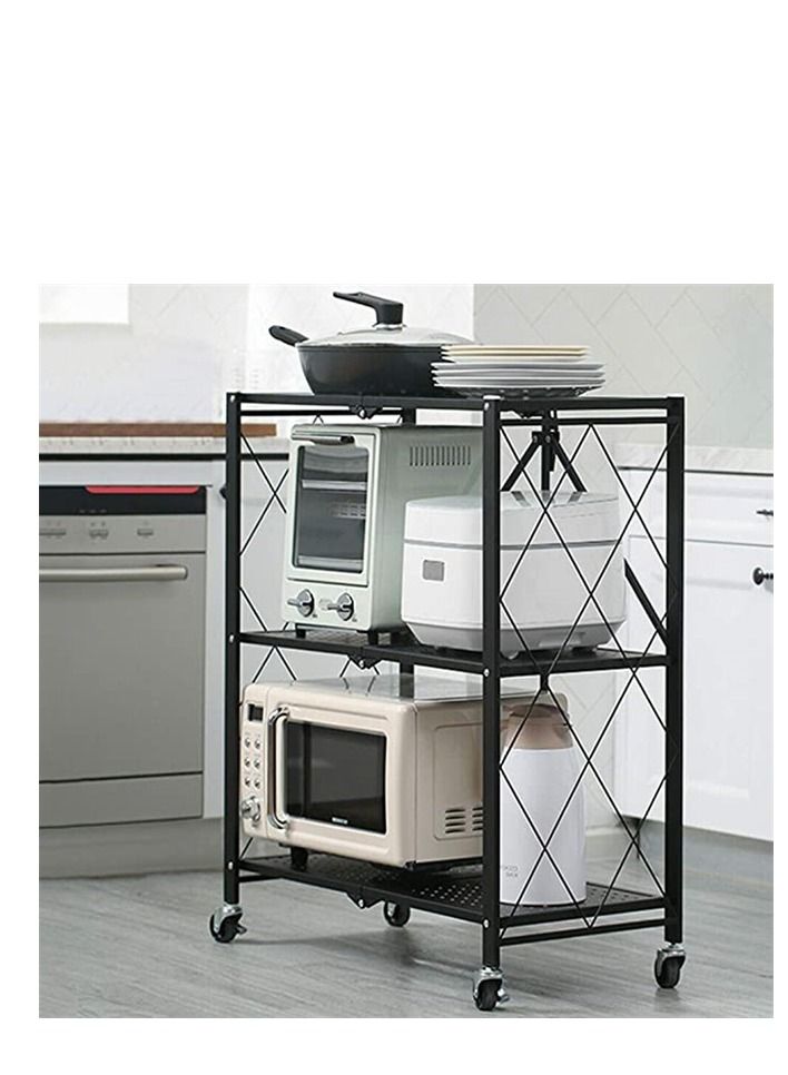 BLOOMING TIME 3 Tier Foldable Metal Kitchen Storage Rack Shelf with Wheel Black - Image 2
