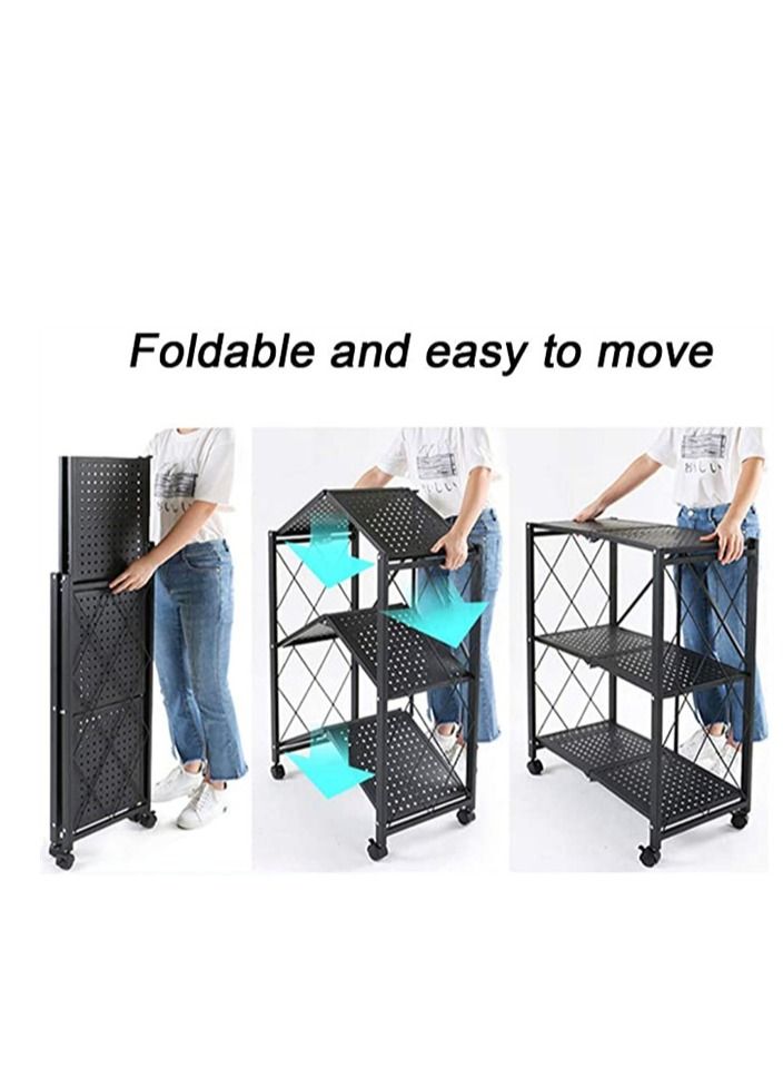 BLOOMING TIME 3 Tier Foldable Metal Kitchen Storage Rack Shelf with Wheel Black - Image 3