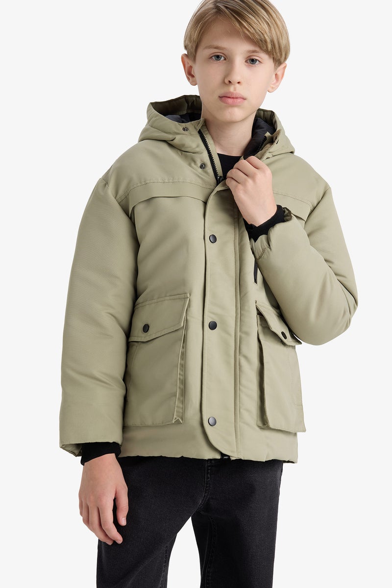 DeFacto Green Boy Boy Waterproof Hooded Zippered Puffer Jacket Casual - Image 4
