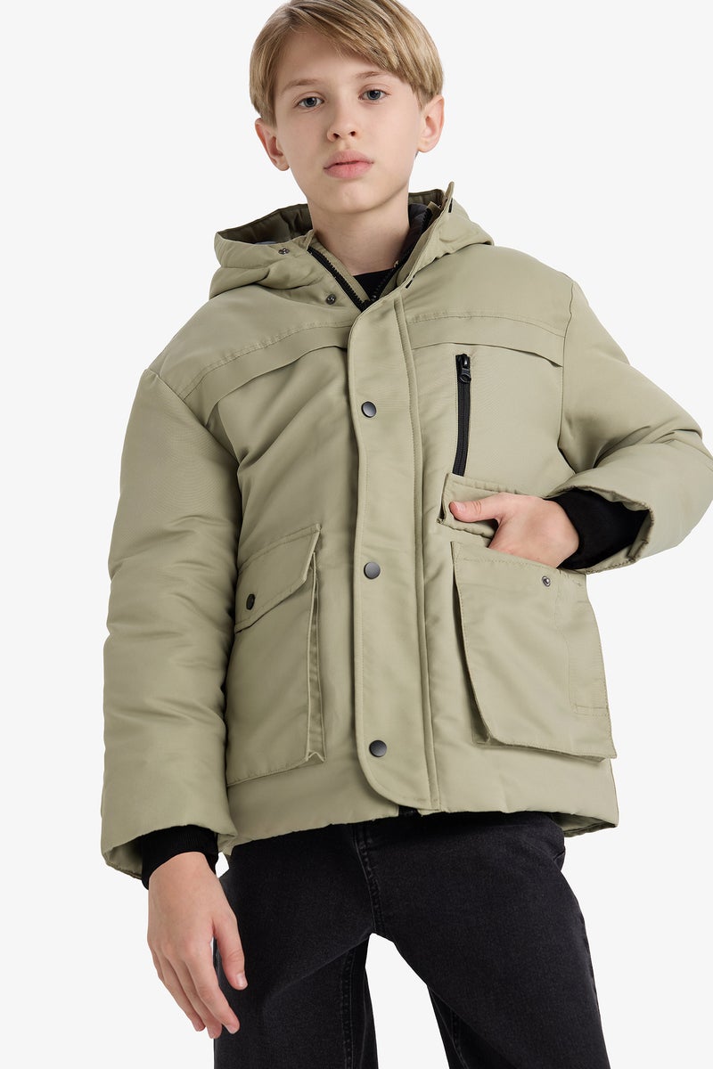 DeFacto Green Boy Boy Waterproof Hooded Zippered Puffer Jacket Casual - Image 3