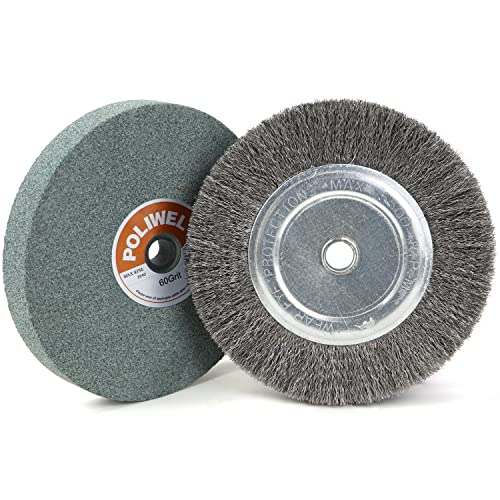 POLIWELL 6 Inch Bench Grinder Grinding Wheel & Wire Wheel Brush with 1/2'' Arbor, 60 Grit Silicon Carbide Bench Grinding Wheel for Bench Grinder,for Drill Bits, Blades and Knifes Cleaning Polishing Sharpening - Image 1