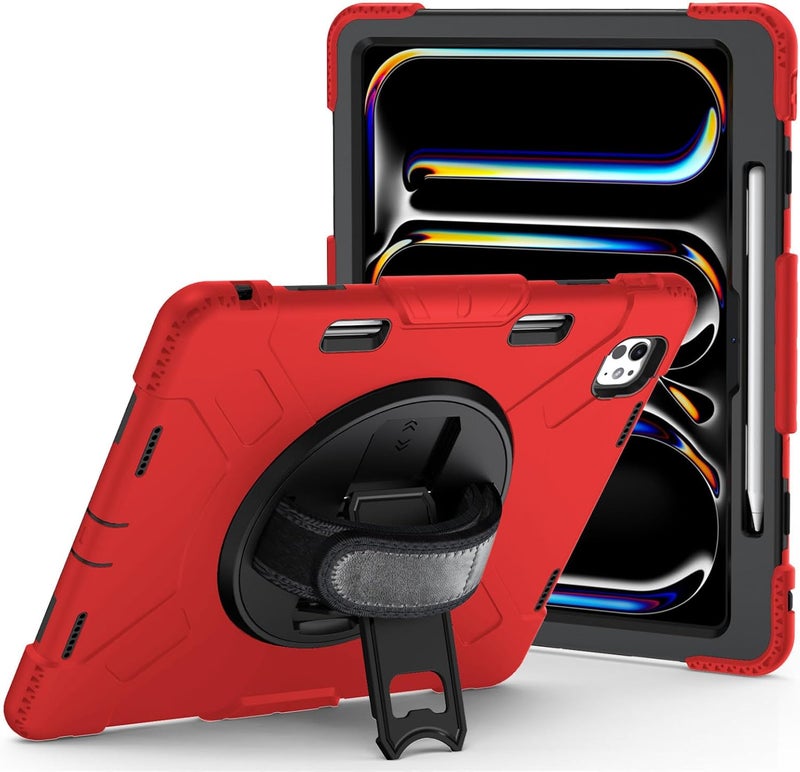 YUANSHXM-Case for iPad Pro 13-inch (M4, 2024, 7th Gen), All-Inclusive Protection Case with Built-in Screen Protector & 360 Rotating Stand & Handle & Shoulder Strap (Red) - Image 1