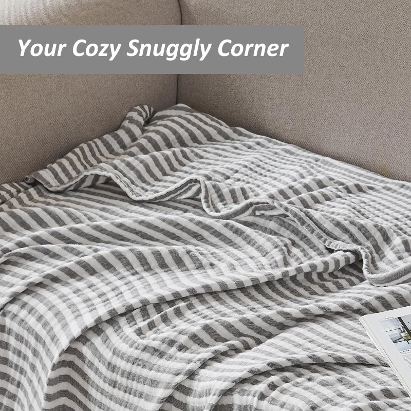 EMME Cotton Muslin Large Throw Blanket Couch Breathable Gauze Soft Lightweight Bed Blankets Adults (Striped Grey, 50"x70") - Image 4
