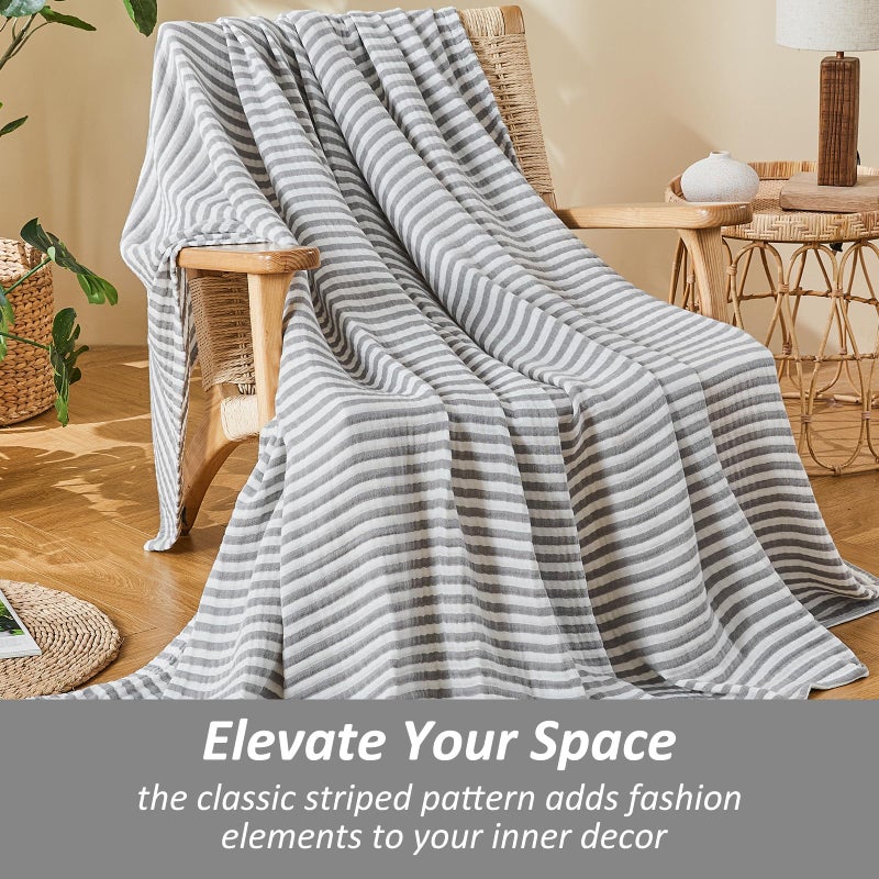 EMME Cotton Muslin Large Throw Blanket Couch Breathable Gauze Soft Lightweight Bed Blankets Adults (Striped Grey, 50"x70") - Image 3