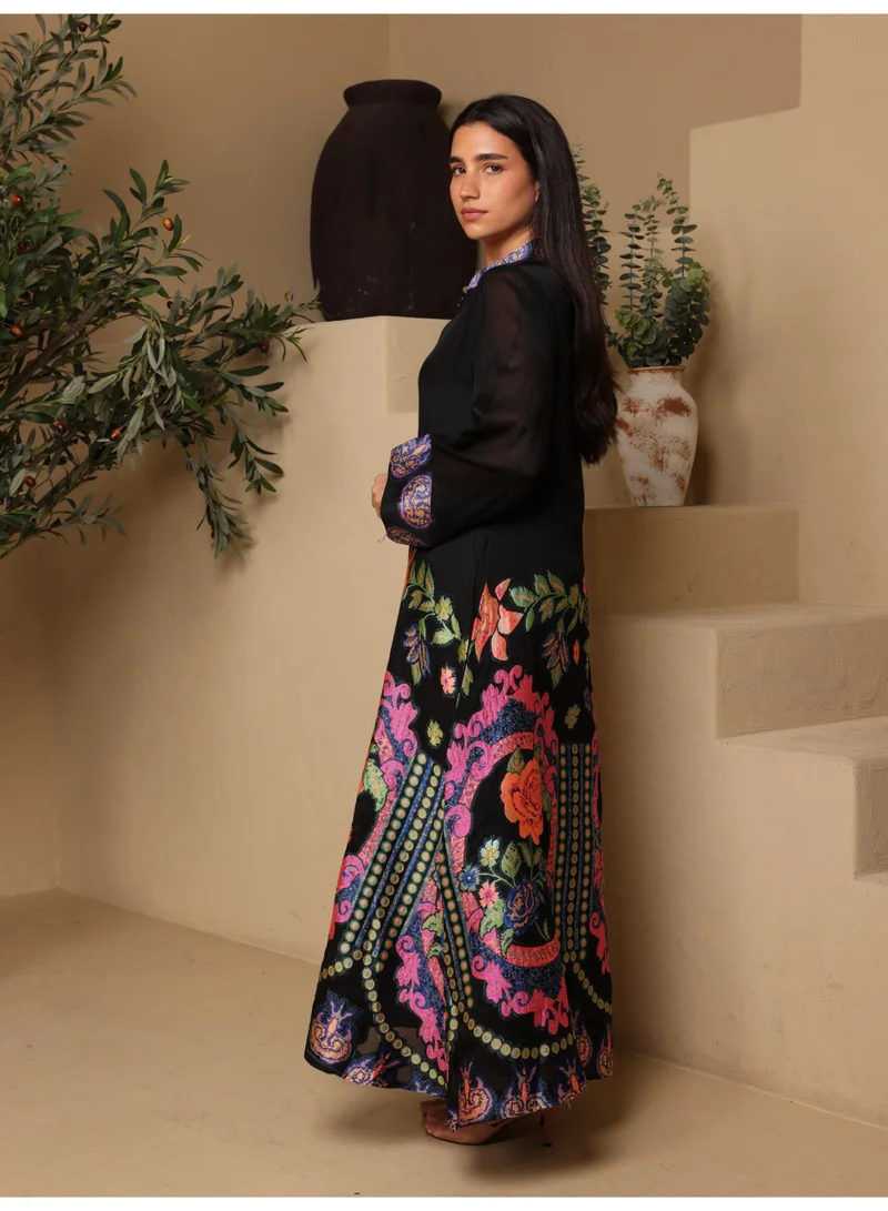 IKKXA IKKXA Elegant V-Neck Printed Jalabiya IK6042 Black