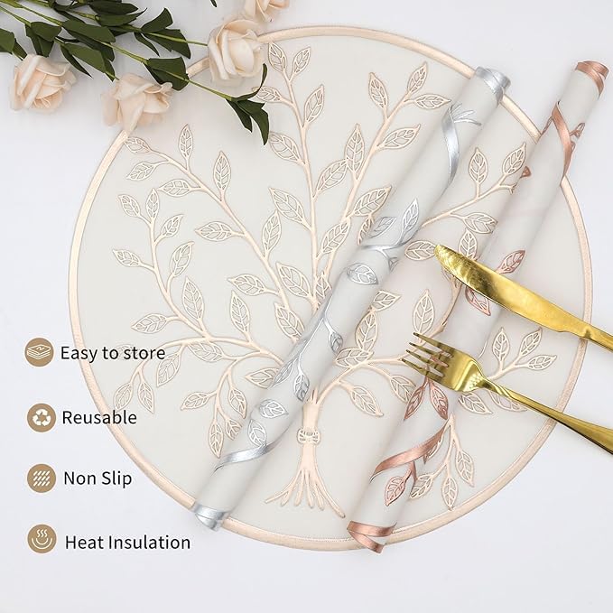Dakshya Industries Dakshya Industries Pack of 4 PVC Material Round Shape Table Mat Table Placemat Dining Table Mat Round Mat Non Slip Heat Rasistant Waterproof Mat Gold - Image 3