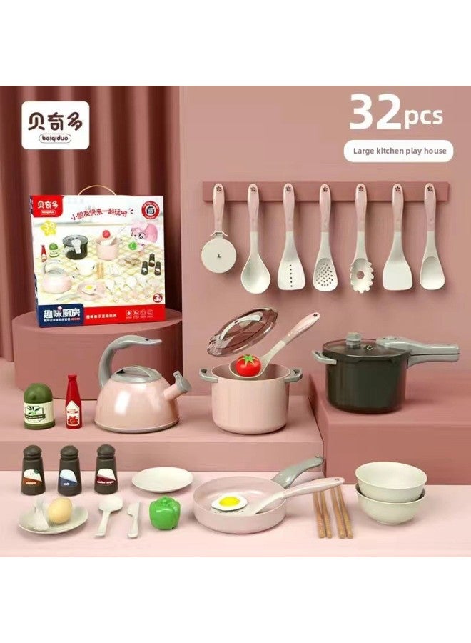 Children's Play Mini Kitchen Toy Little Girl's Cooking Girl's Simulation Kitchenware Set Baby's Birthday Gift-Color:【Meng Fun Simulation Kitchen-Pink】 -32-piece Set - Image 1