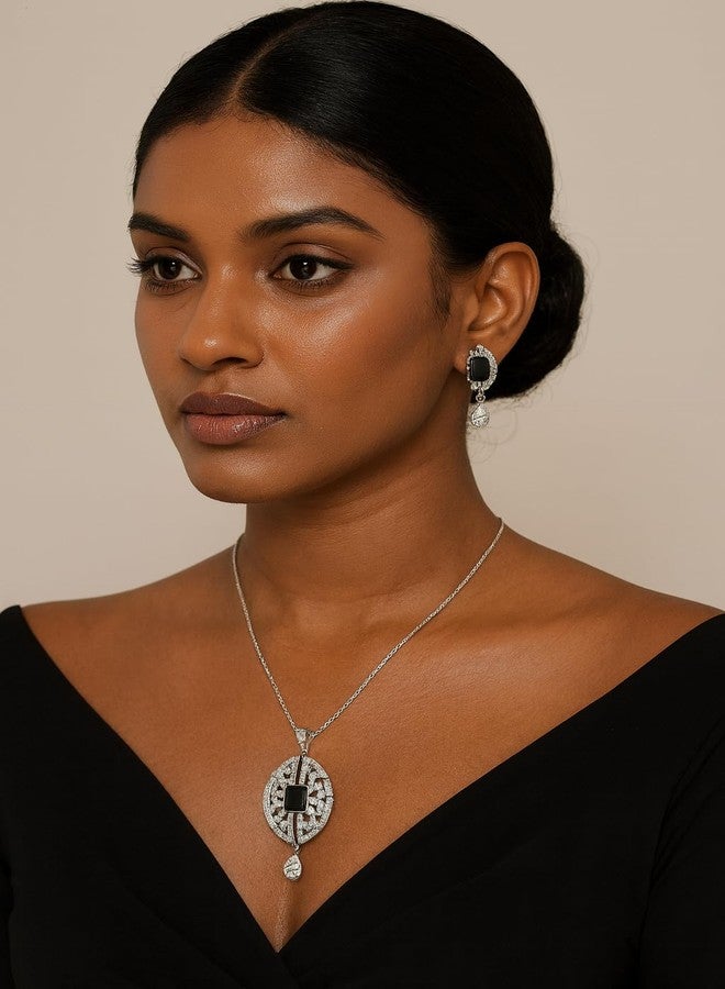 Touchstone NEW Indian Bollywood Wonderful Style Beautiful Filigree Oval Shape White Rhinestone Faux Black Onyx Designer Jewelry Pendant Set In Silver Tone For Women. - Image 2