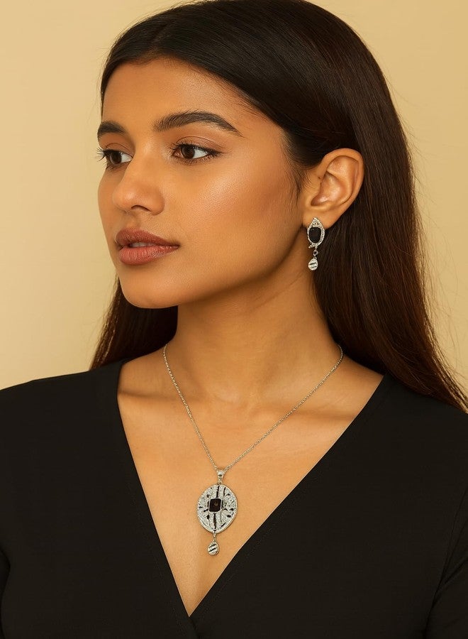 Touchstone NEW Indian Bollywood Wonderful Style Beautiful Filigree Oval Shape White Rhinestone Faux Black Onyx Designer Jewelry Pendant Set In Silver Tone For Women. - Image 3