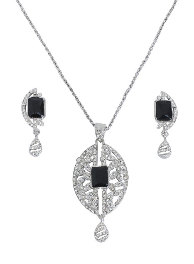 Touchstone NEW Indian Bollywood Wonderful Style Beautiful Filigree Oval Shape White Rhinestone Faux Black Onyx Designer Jewelry Pendant Set In Silver Tone For Women. - Image 1